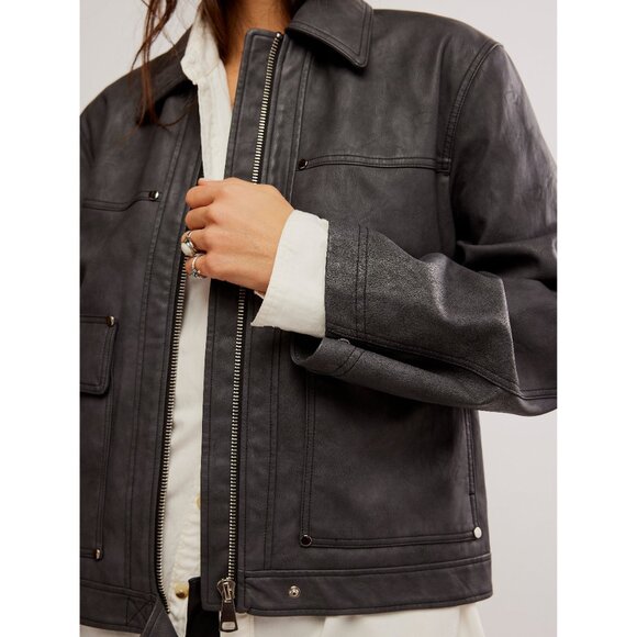 FREE PEOPLE Blair Vegan Leather Jacket / Charcoal Combo - Picture 4 of 9